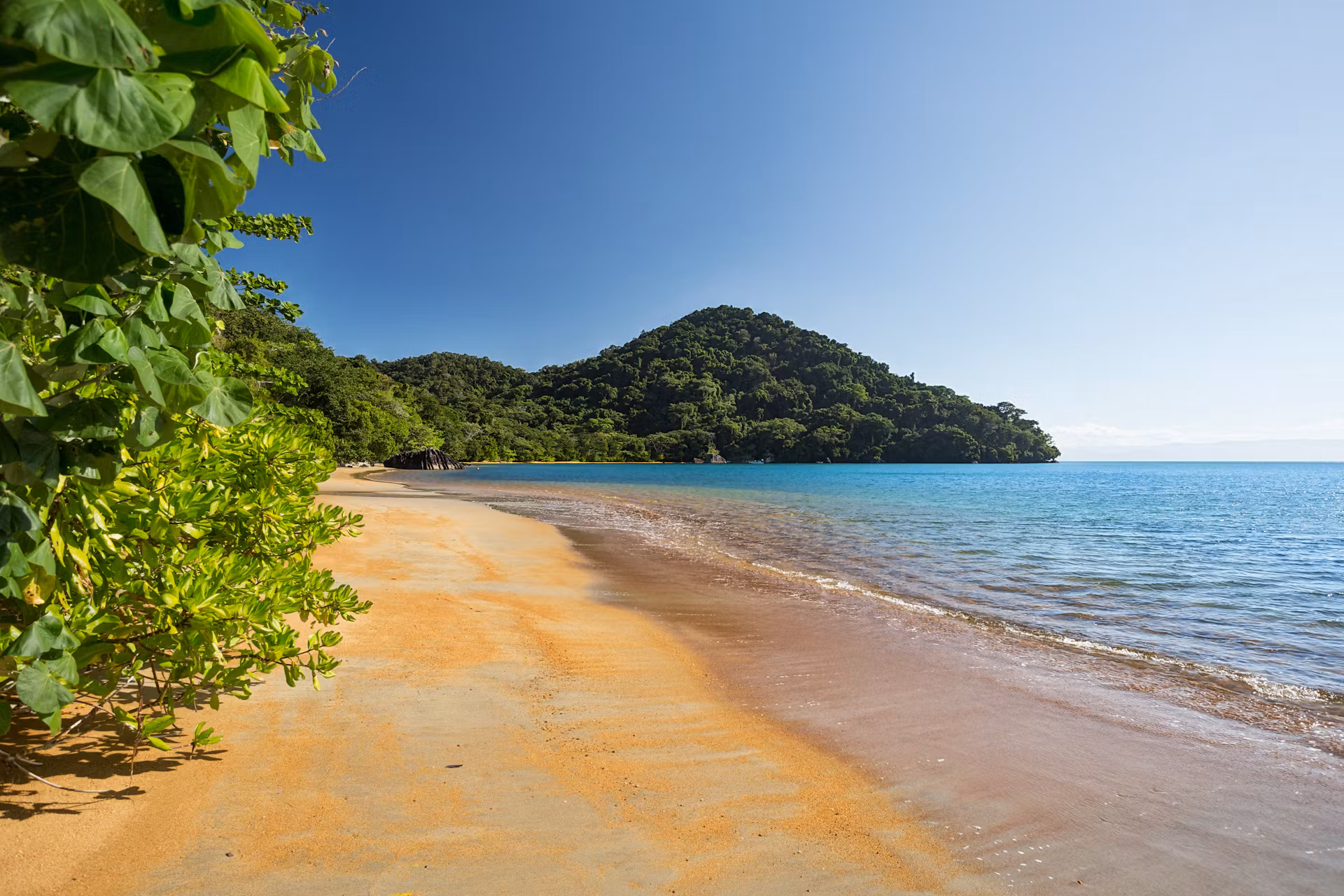 Pristine tropical beach with golden sand, turquoise water, and lush green forest-covered hills in Madagascar