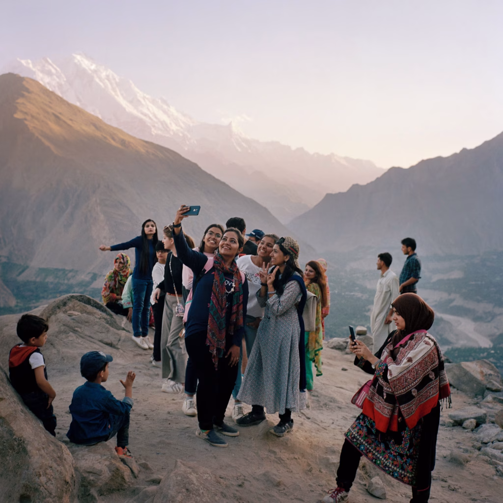 Group of Pakistani women and children taking selfies in mountainous landscape at sunset